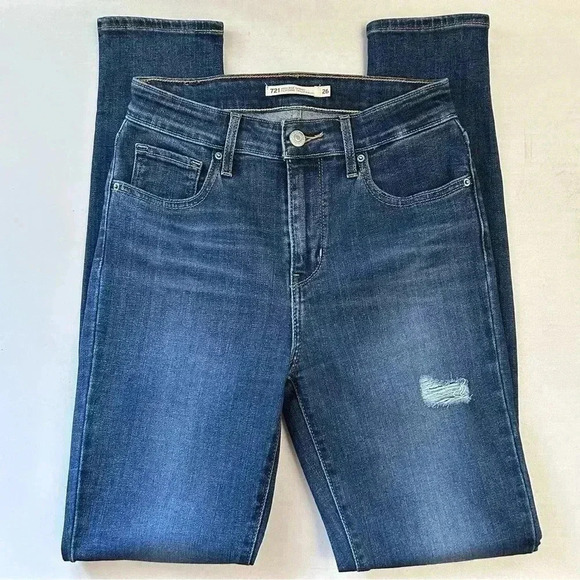 Levi’s 721 High Rise Skinny Jeans Distressed Dark Blue Denim Size 26 - Picture 16 of 16